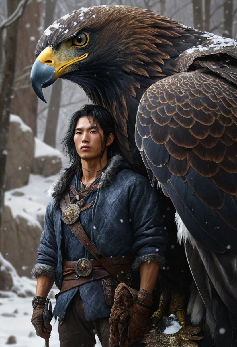 there is a man korean standing next to a large eagle on a snowy day, realistic fantasy artwork, avian warrior, realistic fantasy painting, hyperrealistic fantasy art, realistic fantasy illustration, detailed fantasy art, art of valin mattheis, detailed fantasy digital art, trending digital fantasy art, epic fantasy novel cover art, charlie bowater and mark brooks, amazing fantasy art