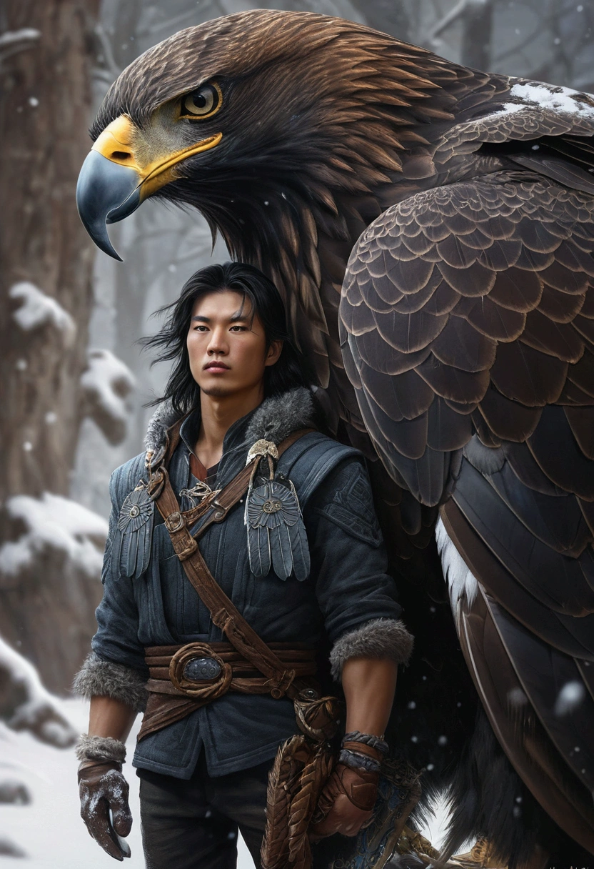 there is a man korean standing next to a large eagle on a snowy day, realistic fantasy artwork, avian warrior, realistic fantasy painting, hyperrealistic fantasy art, realistic fantasy illustration, detailed fantasy art, art of valin mattheis, detailed fantasy digital art, trending digital fantasy art, epic fantasy novel cover art, charlie bowater and mark brooks, amazing fantasy art