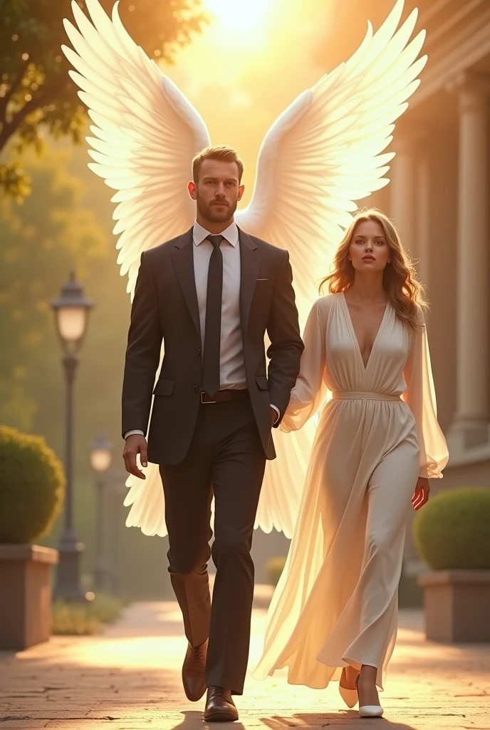 A successful man walking and an angel at his side.