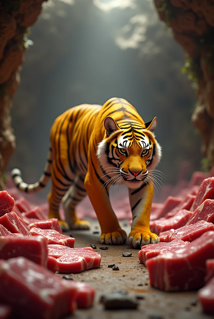 A thin yellow tiger,Store lots of steaks in the cave,Cute realistic style