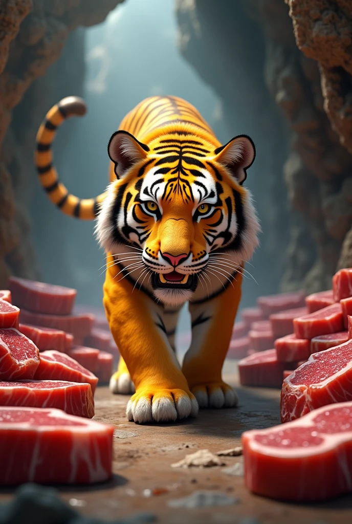A thin yellow tiger,Store lots of steaks in the cave,Cute realistic style