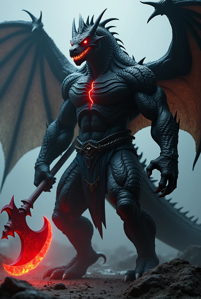 black dragon, red glowing eyes with muscular man body holding a red axe 