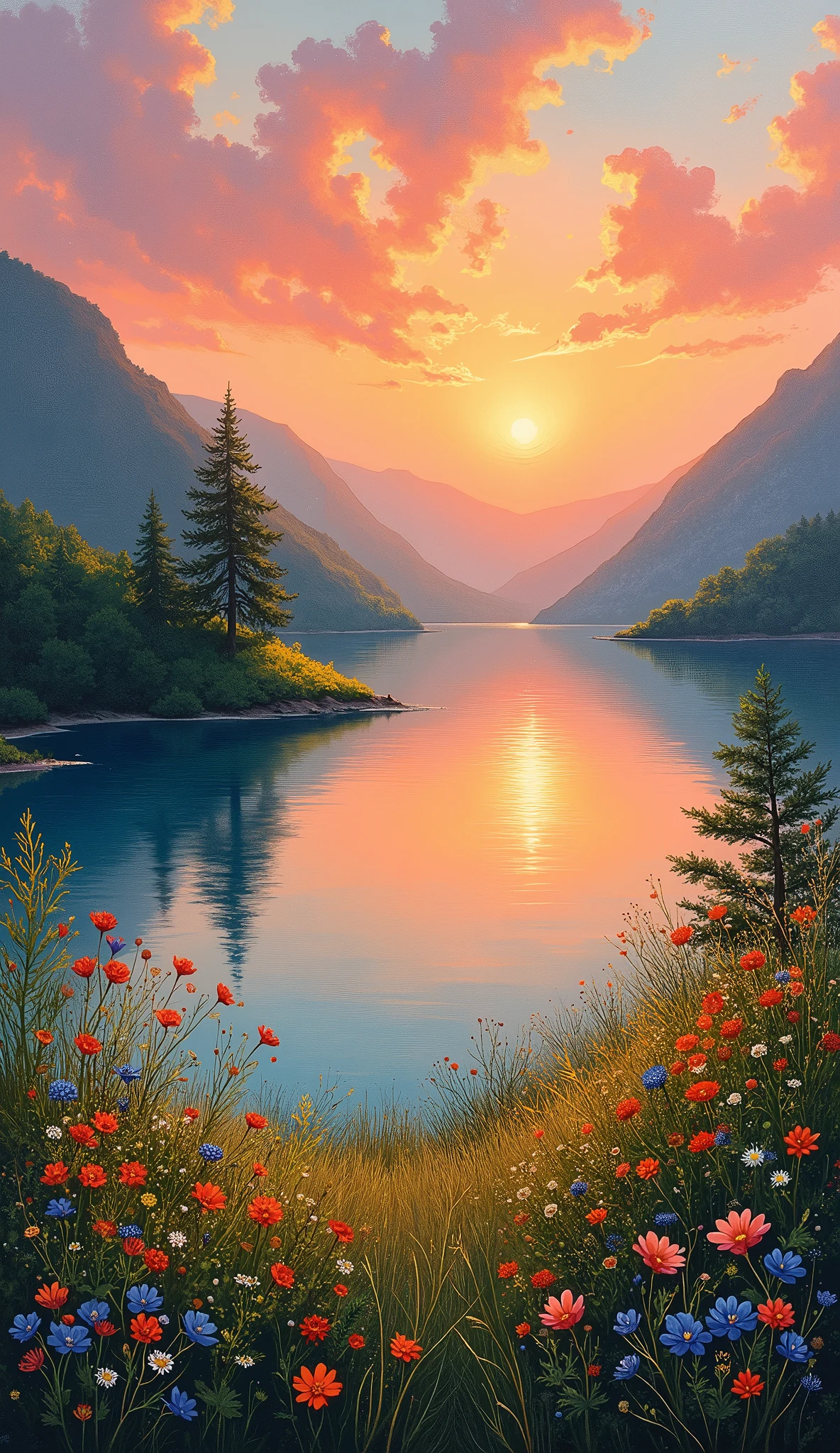 impressionist painting on canvas, sunset by the lake, beautiful scenery with flowers and nature, in the style of impressionist masters, warm colors, delicate brushstrokes