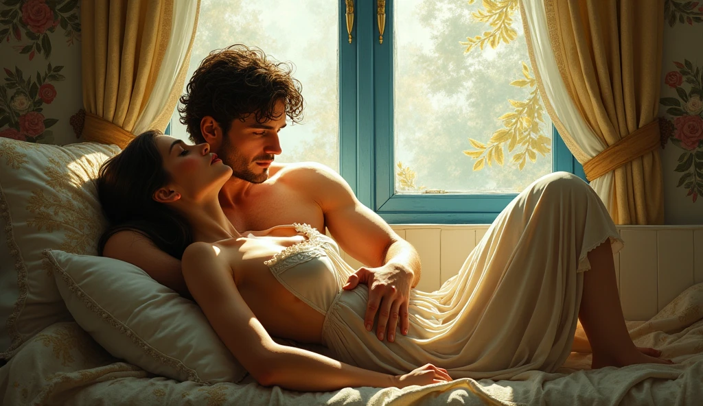 I am nothing without you man and girl background, blue window with sunlight, cozy room, relaxed pose, realistic, intricate details, warm colors, by Greg Rutkowski, by Alphonse Mucha