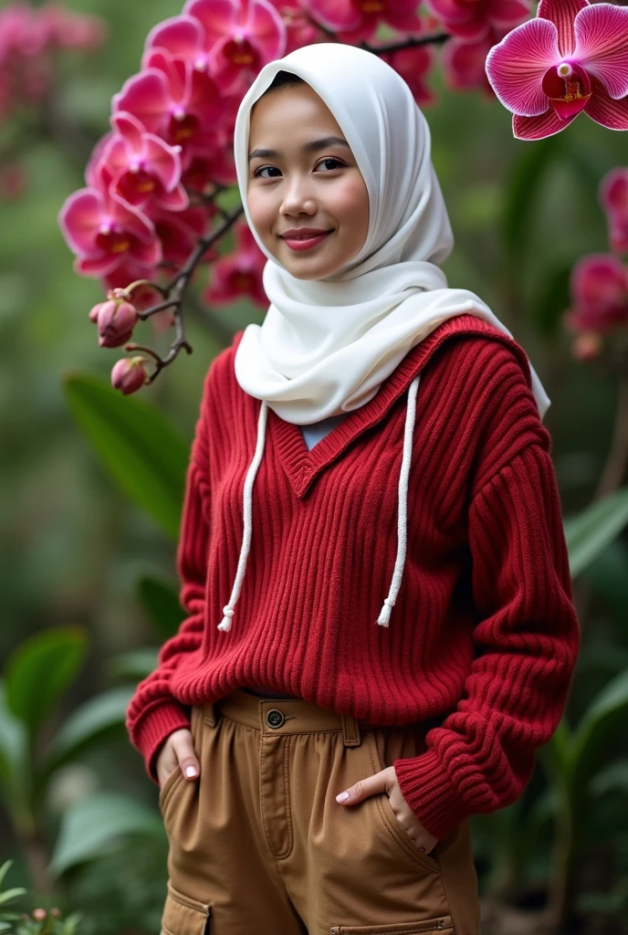 a beautiful Indonesian woman, smooth white skin, well-groomed face,wearing a white hijab in a modern style,wearing a red knitted hoodie. celana Cropped coklat ala kekininan Banyak kantong nya, smiled faintly,white shoes, posing standing next to a red orchid that is blooming beautifully and thickly. The background of the beautiful orchid flower garden is very amazing .Realistic original photo
