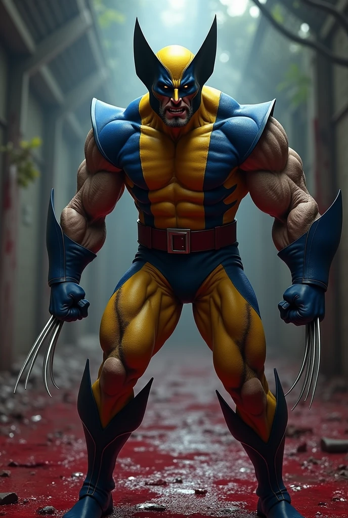 detailed anime wolverine from marvel,1man,classic blue and yellow suit,blood covered floor and clothes,highly detailed, lighting,dynamic pose,intense expression,sharp claws,muscular body,dramatic shadows,vivid colors,digital art,concept art style,hyper detailed,masterpiece,best quality