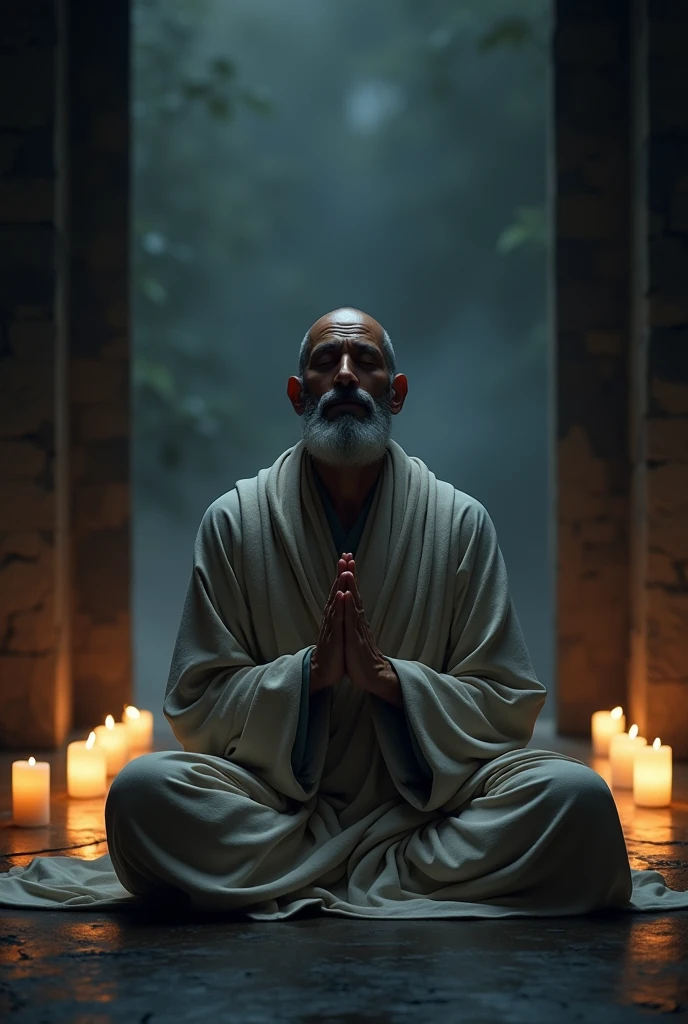 Monk praying at night