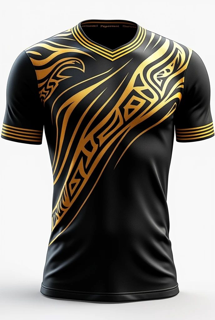 Design a sports jersey with a black base color, featuring a unique golden tribal pattern wrapping around the torso. The tribal design should be bold and eye-catching, with intricate details that symbolize strength and unity. The sleeves should be black with a subtle golden band near the edges. Add a distinctive golden player number on the front and back, giving the jersey a powerful and commanding presence.