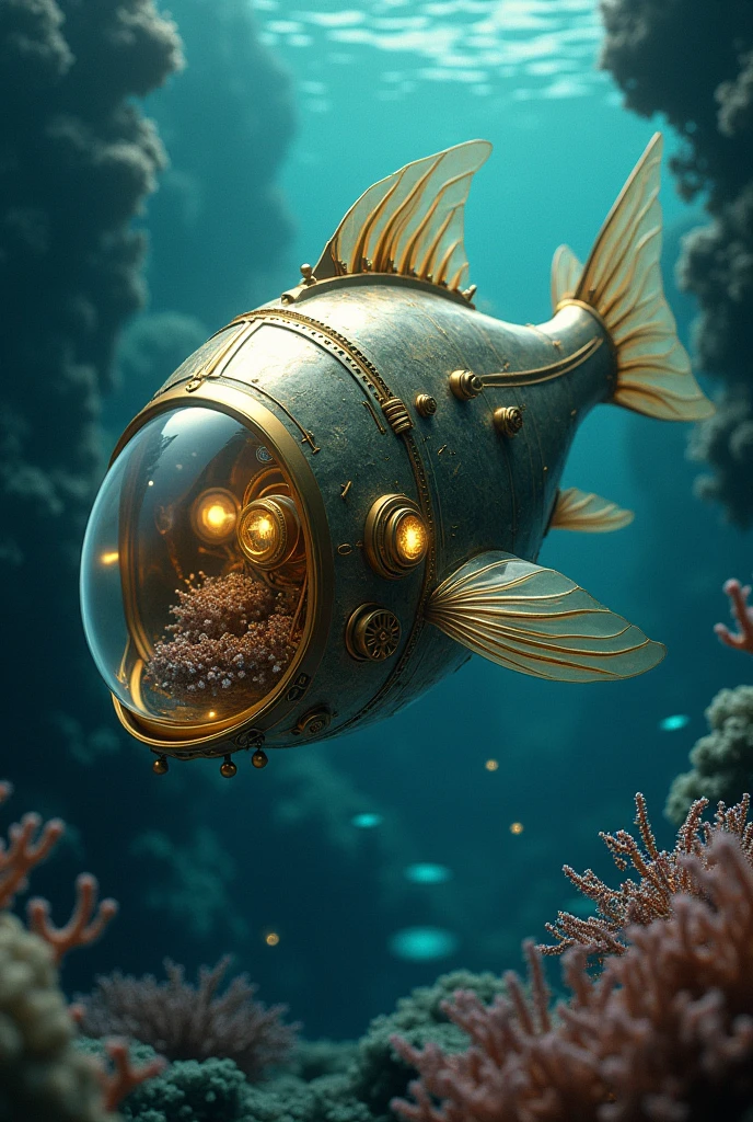    ( perfect anatomy )  High-tech futuristic mechanical creature with a bright brass head and a transparent window(Mechanical big fish ) Steampunk submarine underwater submarine in deep sea futuristic style transparent window(Partially transparent design lets you see the inner workings)

                    High level of image quality, Super detailed, submarine, Fantasy science fiction movie surreal scene bioluminescent basket fluorescent (Mechanical big fish )Dark blue deep seabed, various long magical seaweeds, soft-feeling sea anemones, ethereal mysterious creatures, intricate dynamic close-up background, Delicate and surreal science fiction art aesthetic light and shadow movie special effects high resolution image surreal texture high resolution,

                        Digital painting, Delicate and dynamic rendering, super high quality, masterpiece, Super detailed, Highest quality animation style high definition presentation