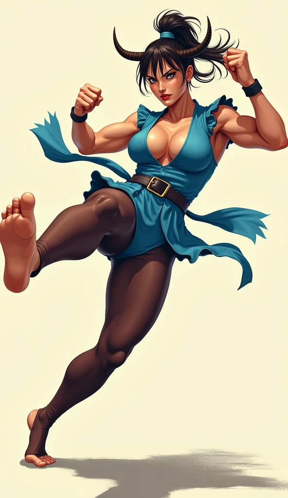 Show entire body, feet in view, Chun-li, ox-horns hairstyle, blue classic chin-li outfit with dark brown pantyhose, karate kick, she isn’t wearing shoes
