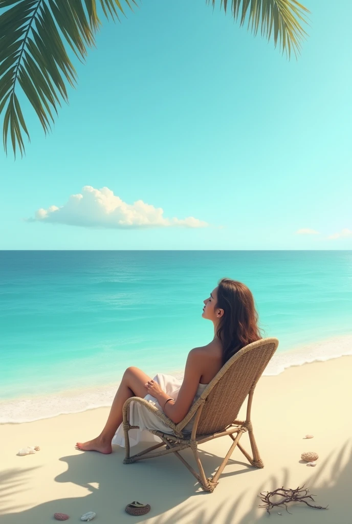Beautiful fece, Sunshine, ​masterpiece, beste-Qualit, the beach, blue open sky, White table, cocktails, Detailed CG image quality, Back view of woman in white bikini on far right, Wet skin, Hair that flutters in the wind, Ultra-detailed CG image quality,the panorama,