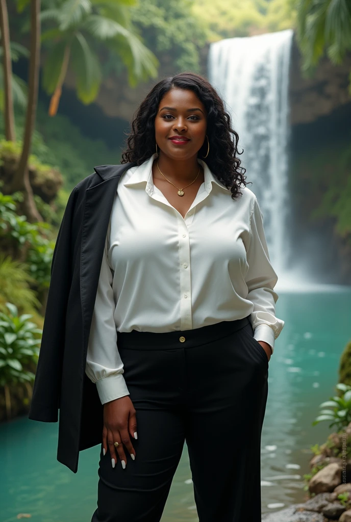 a fat black intersex person in an environment that conveys lightness and beauty (tropical or with waterfall), wearing a white short sleeve blouse, black tailored pants and a black blazer resting on the left shoulder