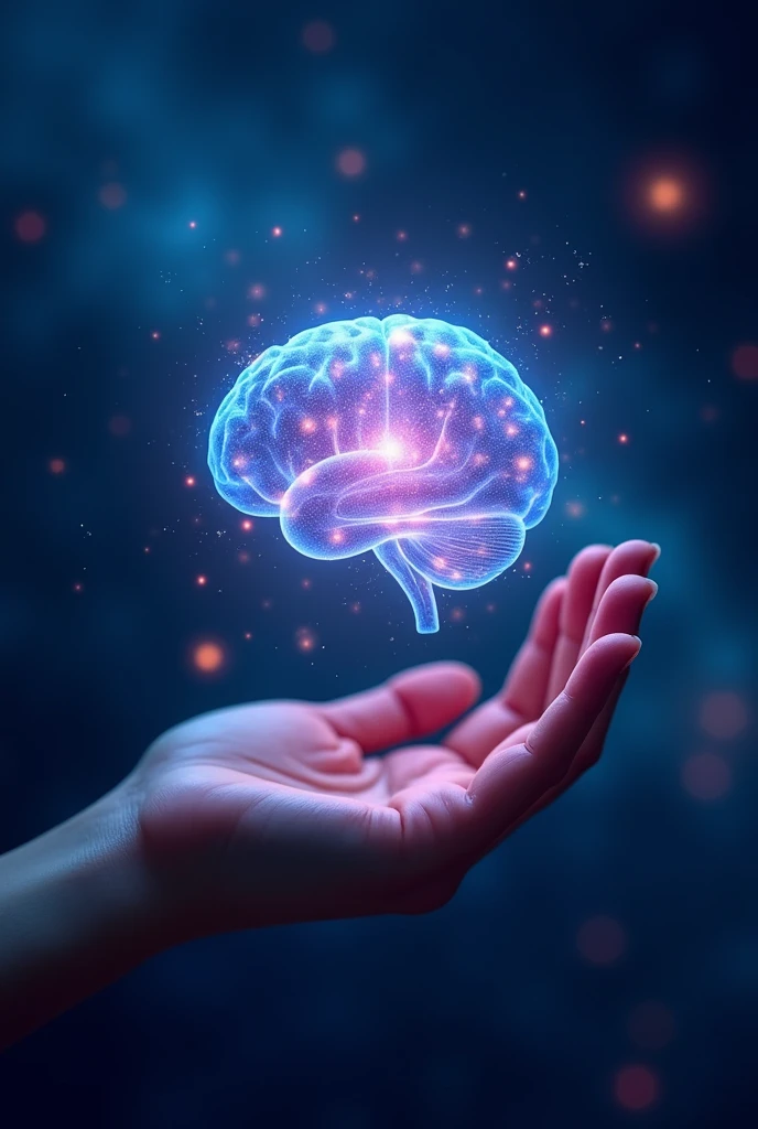 un cerveau transparent et lumineux flotte au dessus d'une main ouverte. background d'une galaxie. couleurs dominante: bleu et violet