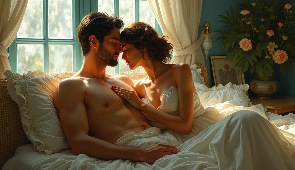 I am nothing without you man and girl background, blue window with sunlight, cozy room, relaxed pose, realistic, intricate details, warm colors, by Greg Rutkowski, by Alphonse Mucha
