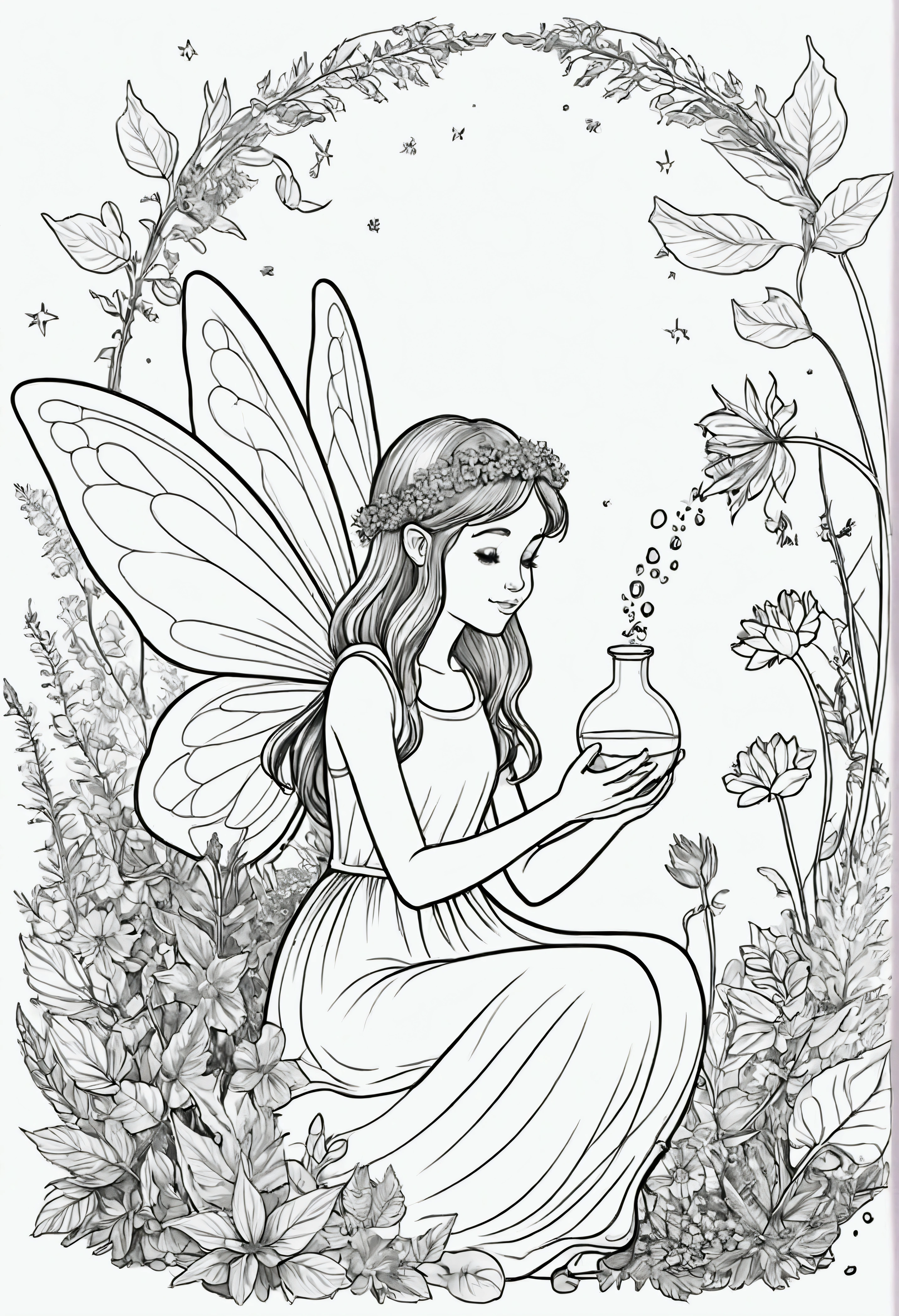 A fairy making a potion from forest herbs and flowers, for coloring pages, full white, clean line art, children's style, magic forest background, full body, Sketch style, playful style, children's, coloring page, clean line art, white background, coloring page, clean outline
