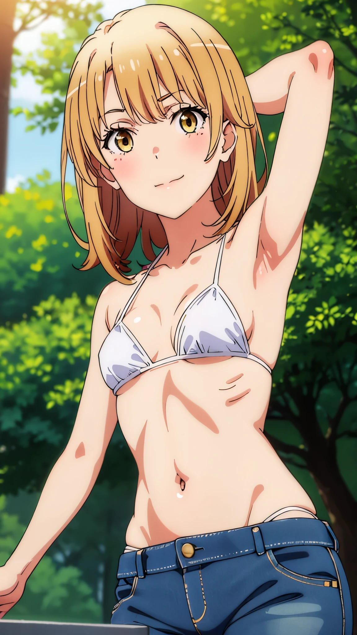 1girl, anime artstyle, masterpiece, highres, solo, 8k, detailed, perfect face, best quality, (ultra high quality), (looking at viewers), (armpit), collarbone, bare arms, bare shoulders, (small breasts), cleavage, flaxen hair, light brown eyes, belly, stomach, navel, abs, micro bikini, white bikini, mini short, denim short, slim body, slim waist, upper body, closed mouth, smile, blush, at forest