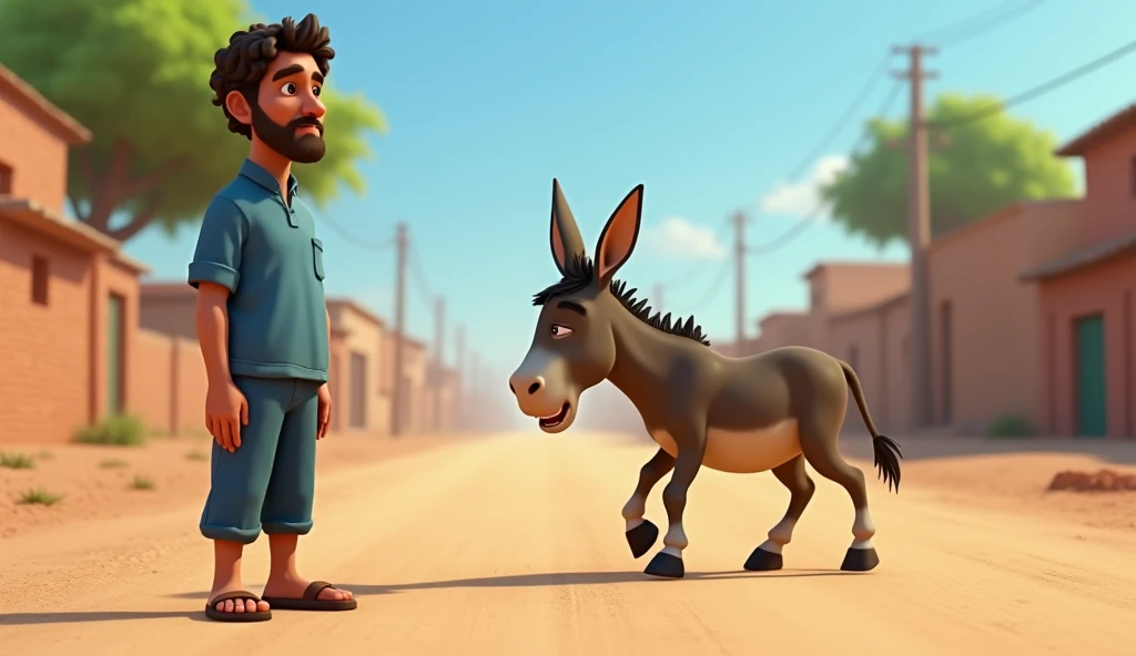 Washerman is a male, 40 years old with dark brown eyes, curly hair. He looks indifferent, wearing a blue-themed shirt and pants with brown sandals, watching as his donkey struggles to walk. In the background, a dusty village road with sparse trees. The donkey appears weak and frail, stumbling as it walks. Pixar 3D style.