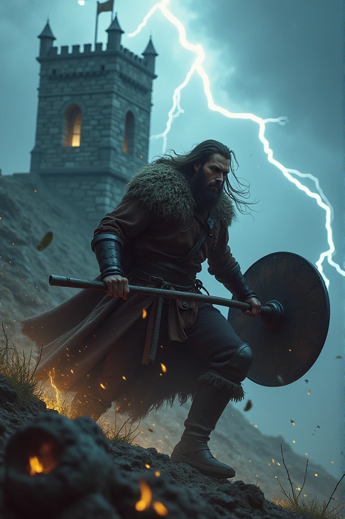 Viking warrior fighting with his one-handed axe and shield (( a small tower with lightning ) ( the warrior with long hair ) ( with a fighting attitude )