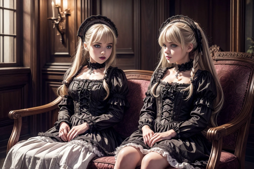 ((masterpiece、top-quality)), (Photo realistic photography:1.4) , (2 gothic ta:1.5), White Elegance, Highly detailed frills, (intricate details),2 different girls, English females, 16year old, Mystical Beautiful Girls, Very young faces, perfect anatomia, perfectly proportions, Very young figure, face perfect, Strong gothic makeup, Whitewashed face, Purple Lipstick, Purple eye shadow, (Heavy makeup:1.4), Pathological beauty, Bright on the face, Details of face, serious faces, blonde and black hair, Long straight hair, Parting aligned bangs, Hair that flutters in the wind, Gothic Loliostumes, Black bulging with panniers, Very short stature, Very small breasts, ((Two girls sitting close together on a lounge chair)), conceptual art, Reality, godrays, Cinematographic lighting, canon, high details, hiquality, HD fine, 16K resolution, Full body portrait, knee up shot