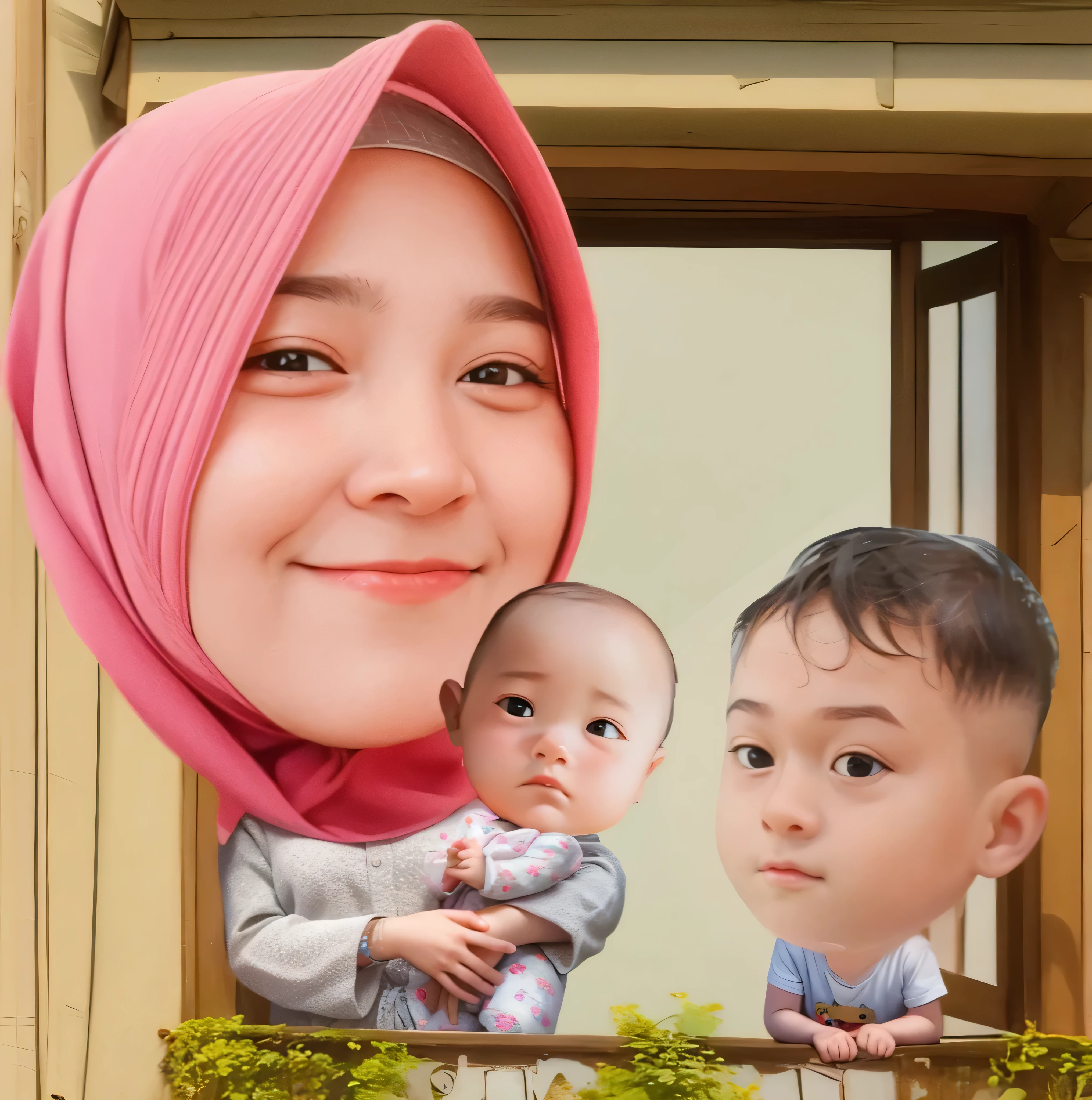 a close up of a hijab woman Wearing Glasses, Holding a baby in the window, And a boy stood beside him, full protrait, realism artstyle, inspired by Nil Gleyen, nft portrait, fanart, portait photo profile picture, kawaii realistic portrait, in cartoon style, inspired by JoWOnder, protrait, high quality portrait, sakimi, inspired by Kim Jeong-hui