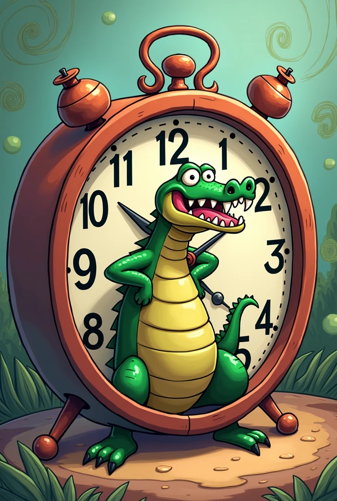 Cartoon of a clock with a crocodile inside simulating the hands of the clock