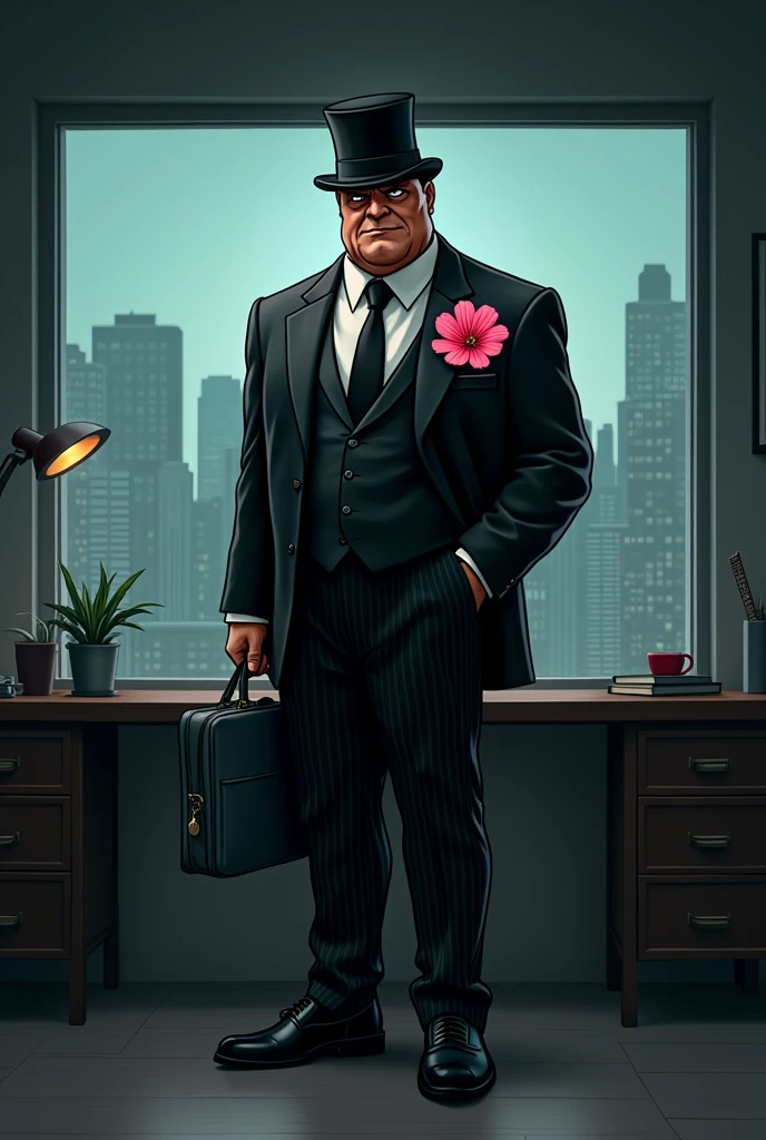 A man in a black suit with a pink flower on his right chest, He has 1,75, It has a slightly lighter brown color, wears a black tie, with a small top hat and a bow on top of the hat, He wears black pants with gray stripes from top to bottom of the pants., with a luxury black shoe, and he holds a gray work bag and sock, The man has an angry face and would be The drawing will be in the style of a cartoon like helluva boss With the background of the image as if he were in an unlit office, eq window back with a big city