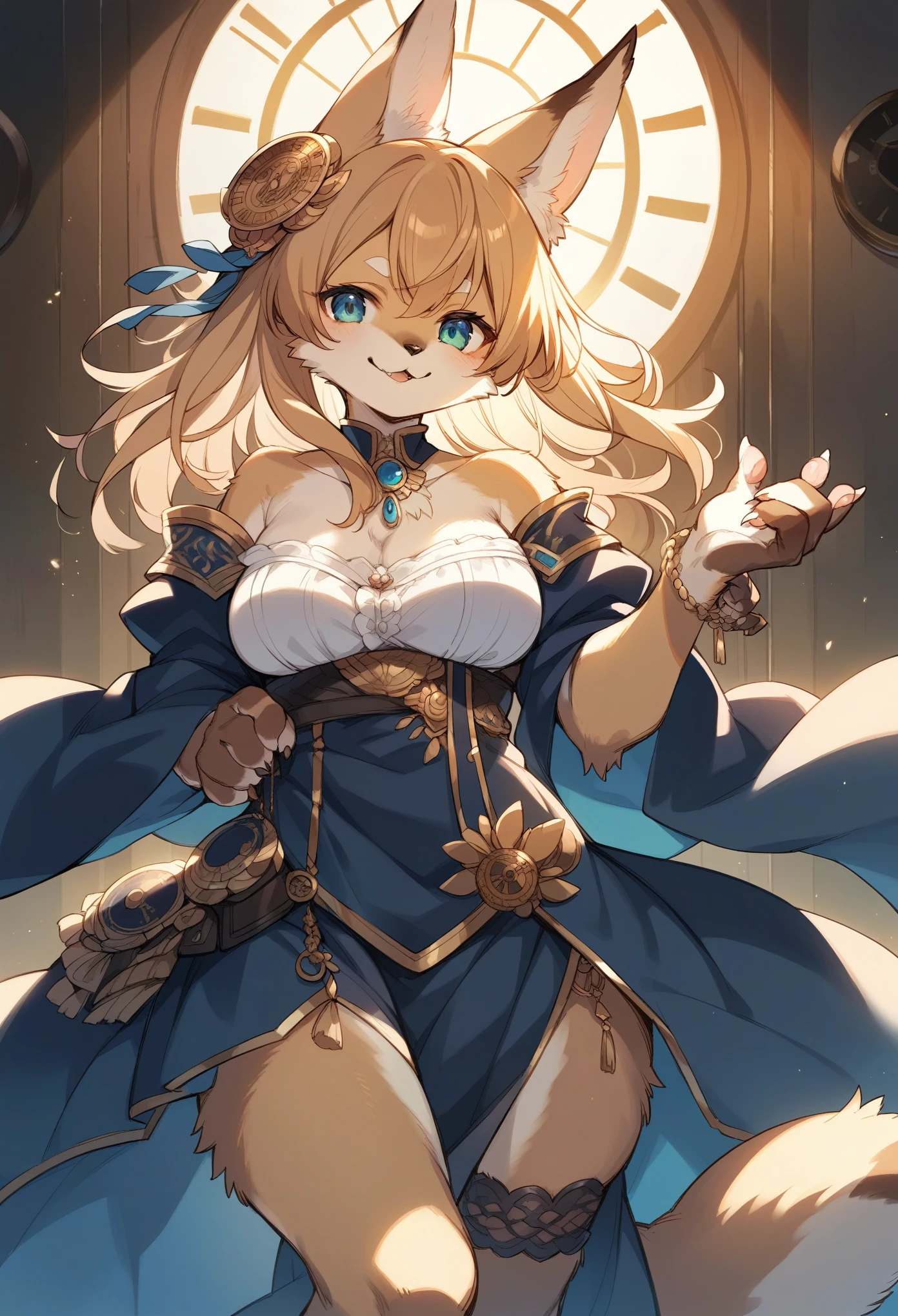 rating_safe, score_9, score_8_up, score_7_up, score_6_up, score_5_up, score_4_up, hires, source_furry, cover page, highres(1girl, kemono, furry anthro, fearless smile, reach for the clock) in room with clock, fantasy artwork, cinematic lighting, Backlight,