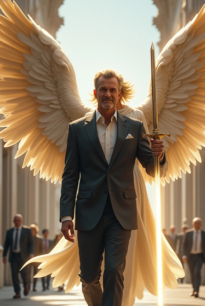A successful man walking and an angel with a sword next to him