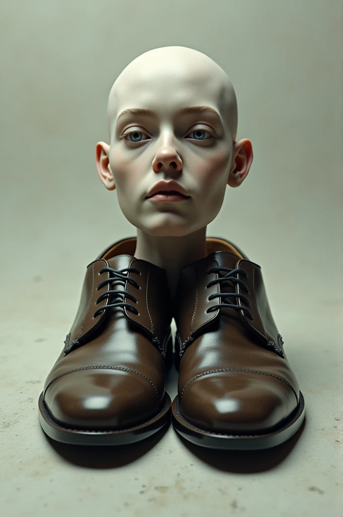 The head popped out from the leather shoes。