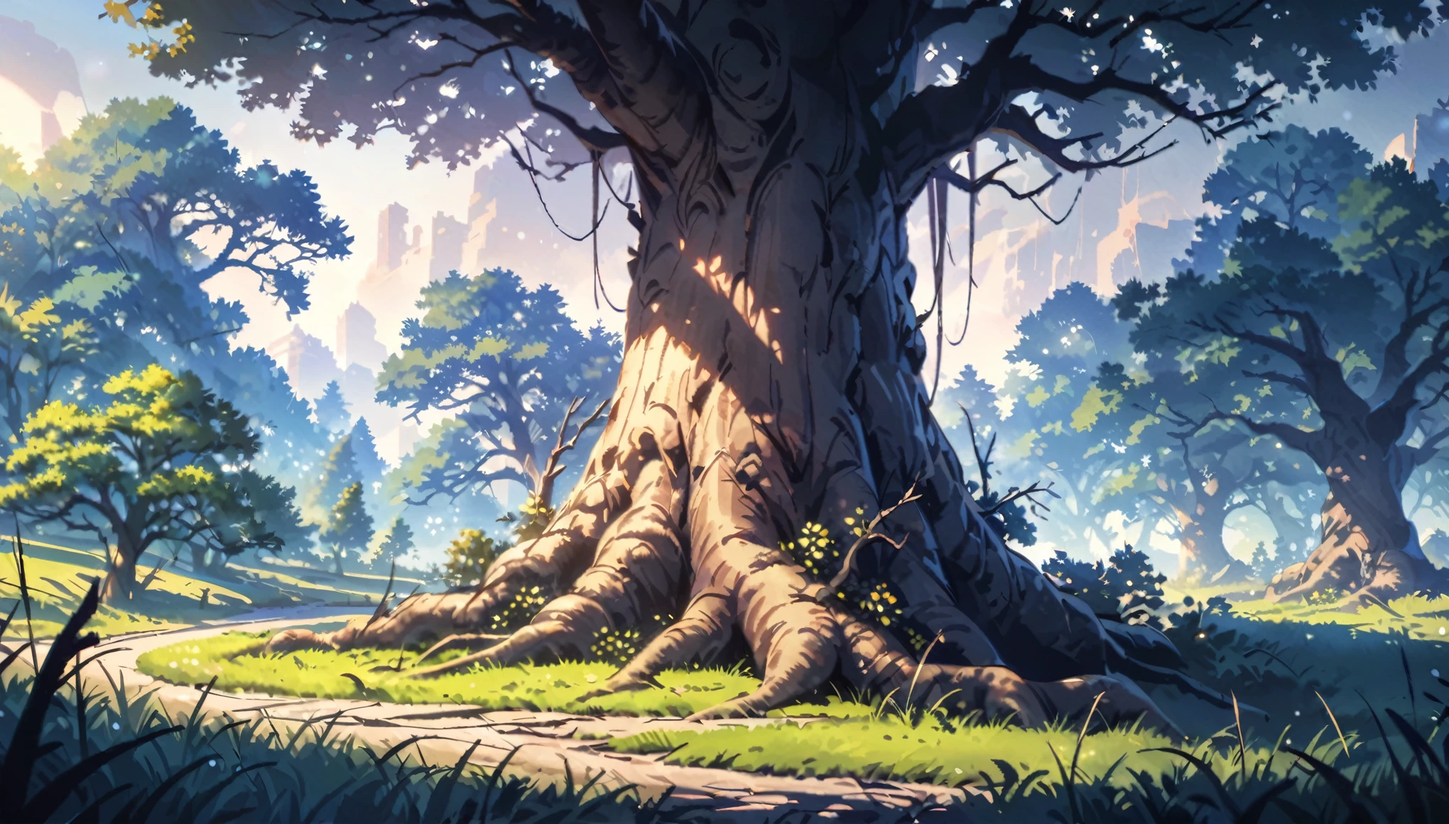 anime aestetic, anime landscape, At the edge of the road stands a huge oak tree with broken branches and bark covered with old sores. The oak tree is two girths wide, with clumsy, gnarled arms and fingers, it looks angry and ugly. It stands among the smiling birches that make up the forest. Spring, sun, flowers and grass surround the oak tree, but it remains gloomy, motionless and ugly. Dead firs are visible in the distance., wide shot, from side, atmospheric perspective, perspective, 8k, 4K, highres, best quality, award winning, super detail, masterpiece