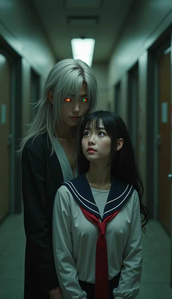 (32K:1.9, Highest quality, masterpiece, Ultra-high resolution), Perfect dynamic composition:1.3, Highly detailed skin and facial textures:1.3, Cute sexy slim Japanese schoolgirl, Tall and slim man, (Man hugging woman:1.3), Fair skin, ((Clarity:1.1)), (Man is anime「Demon slayer」Duma costume:1.3, Long silver-blonde hair, Rainbow Eyes:1.5), (The woman is wearing a uniform with a red tie:1.3, Straight black hair.:1.3, smile:0.9, A man completely charms a woman:0.9, beautiful Blue Eyes, beautiful, Clear Eyes:0.8), Sexy Face:0.4, blush:1.1, (beautifulエロティシズムを醸し出す雰囲気:0.8), Professional random camera work, Cinematic Lighting Effects, (Full Body Shot), (Too erotic), romantic, mysterious, Object of admiration, original, dramatic, artistic, Innovative, charm, Heartful, Fancy, Tilt, sense of loss, special, exciting, Extreme, sense of openness, joy, joyの表現, ((若さのcharm, 女性的なcharm))