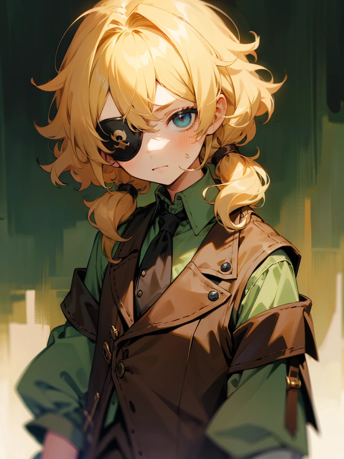 , Boy, ly shoulder length hair, blond, green shirt, Brown Vest, Pirate Eye Patch, shoulder length portrait