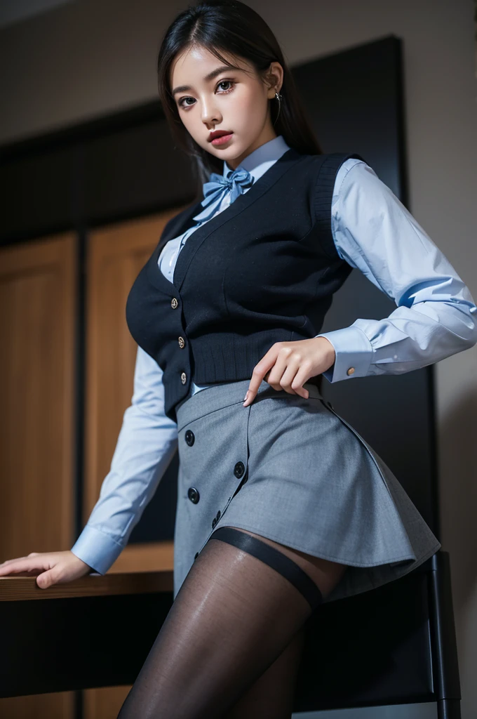 (bank teller, black skirt, bow, long sleeves, pantyhose, blue shirt, skirt, vest:1.1), large breast, (button gap:1.3), 16k, best quality, extremely detailed, ultra quality, ultra highres, masterpiece, beautiful, Raw Photo, beautiful girl