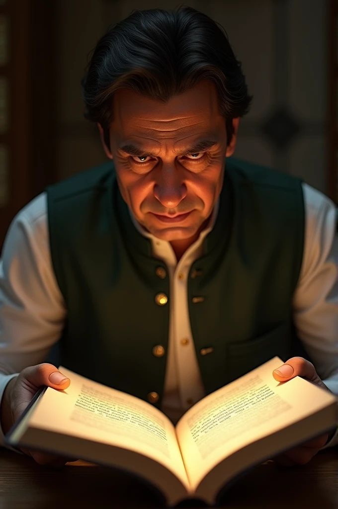 Imran Khan is opening the first page of the book, where a message is written in golden letters. His face is serious, and there is a glimpse of determination in his eyes.