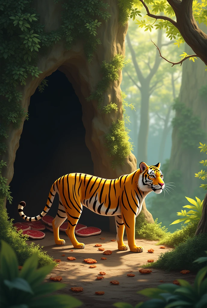 A skinny yellow tiger,Store lots of steaks in the cave,Cute realistic style,Background forest