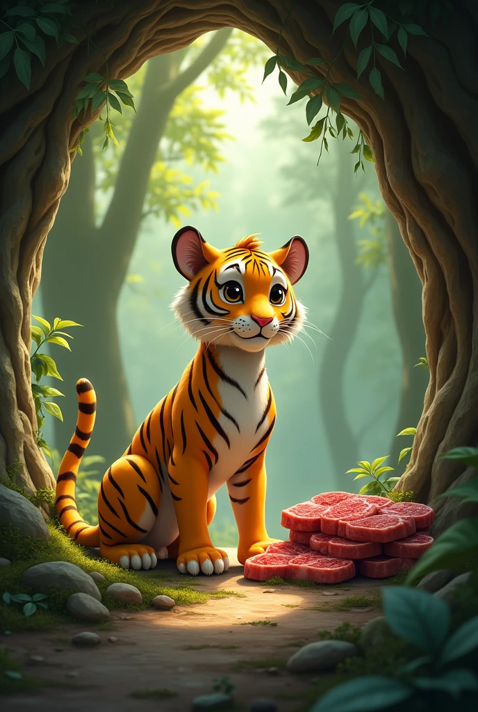 A skinny yellow tiger,Store lots of steaks in the cave,Cute realistic style,Background forest