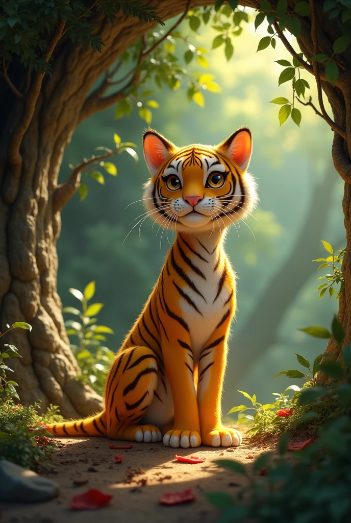 A skinny yellow tiger,Store lots of steaks in the cave,Cute realistic style,Background forest