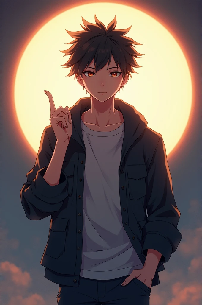 A teenage anime character, standing confidently with one finger raised, signaling a point or idea. His eyes are closed, with a calm and knowing expression on his face. He has short, spiky hair and wears a casual outfit with a fitted jacket. The background is a soft, glowing light that adds a serene and wise atmosphere to the scene. His pose is relaxed yet deliberate, giving off an aura of confidence and mystery."