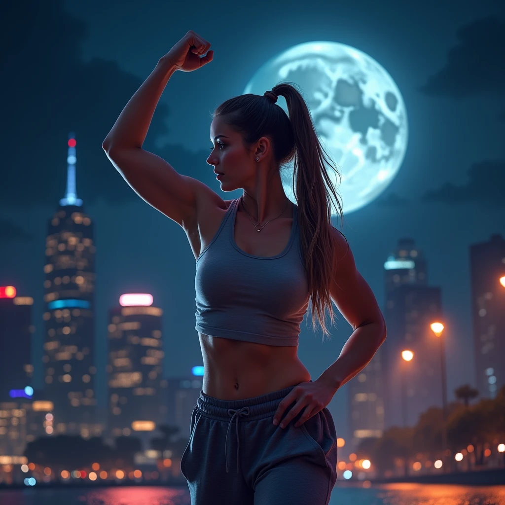 (masterpiece), A woman wearing a t-shirt and sweatpants, Long Hair, Dancing, Ponytail Hair (Highest quality), Super Resolution, Very detailed, Perfect lighting, Athletic build, Strong and muscular, Large and firm breasts, City of night, Beautiful night view as background, Spotlight, Beautiful lighting, Vibrant, full moon, Raise one hand high
