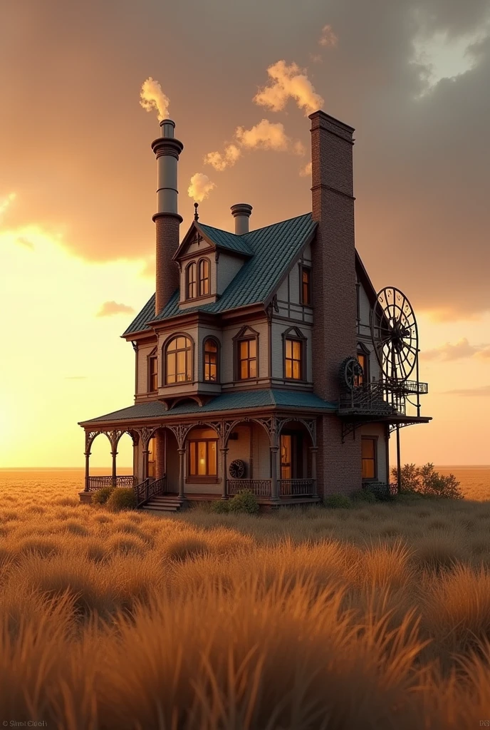 "prompt": "A realistic, high-definition photograph of a solitary steampunk-style house situated in the middle of vast, open plains. The house is an intricate blend of Victorian architecture and industrial elements, featuring ornate ironwork, large gears, and brass pipes integrated into its design. Tall, narrow chimneys emit faint wisps of smoke, and round, riveted windows catch the warm glow of the setting sun. The exterior of the house is a mix of weathered brick and polished metal, with a large, rotating windmill on one side. The expansive plains around the house stretch into the distance, covered in golden grass that sways gently in the breeze. The late afternoon light bathes the scene in a soft, amber hue, casting long shadows and highlighting the unique details of the house. The sky above is a gradient of warm oranges and purples, adding to the serene, otherworldly atmosphere.",
"size": "1024x1024"
}
```