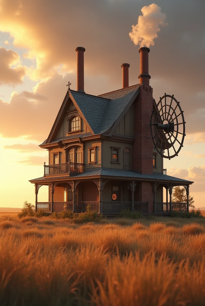 "prompt": "A realistic, high-definition photograph of a solitary steampunk-style house situated in the middle of vast, open plains. The house is an intricate blend of Victorian architecture and industrial elements, featuring ornate ironwork, large gears, and brass pipes integrated into its design. Tall, narrow chimneys emit faint wisps of smoke, and round, riveted windows catch the warm glow of the setting sun. The exterior of the house is a mix of weathered brick and polished metal, with a large, rotating windmill on one side. The expansive plains around the house stretch into the distance, covered in golden grass that sways gently in the breeze. The late afternoon light bathes the scene in a soft, amber hue, casting long shadows and highlighting the unique details of the house. The sky above is a gradient of warm oranges and purples, adding to the serene, otherworldly atmosphere.",
"size": "1024x1024"
}
```