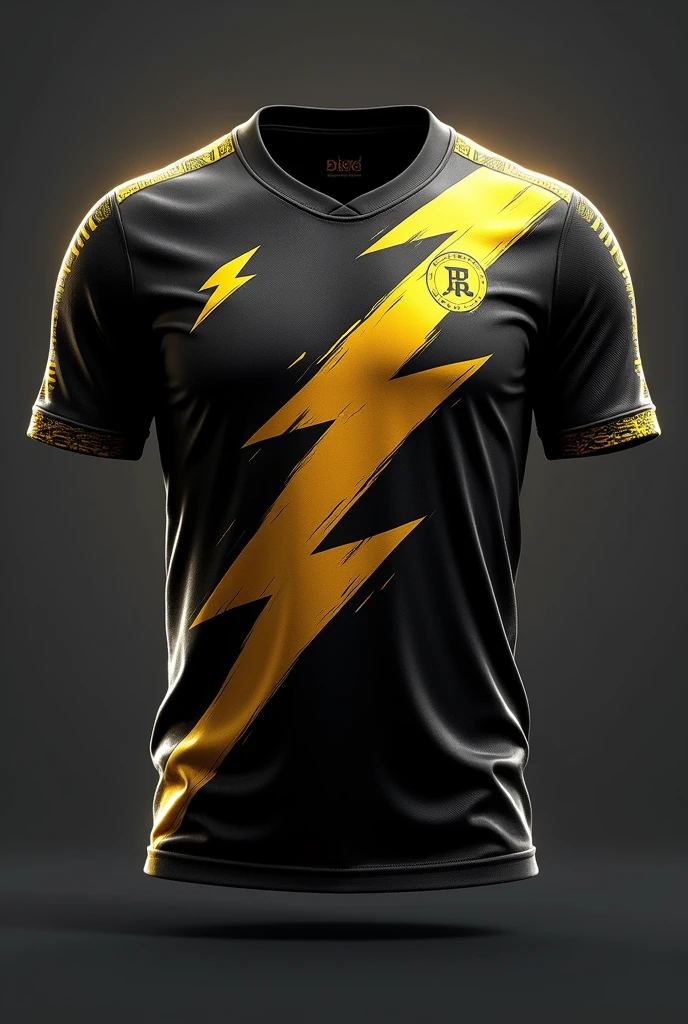 Create a dynamic black sports jersey with a golden lightning bolt pattern that strikes diagonally across the front and back. The lightning bolt should be sharp and energetic, adding a sense of speed and intensity to the design. The sleeves should remain black, with a small golden lightning detail near the cuffs. Include a bold golden player number on the front and back, enhancing the jersey’s electric and modern look.