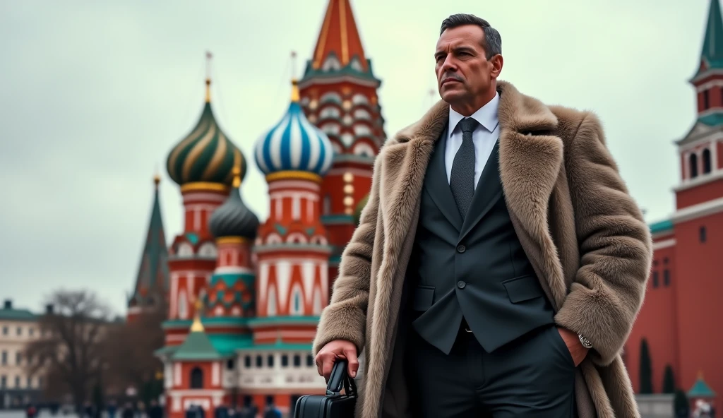 Man at the Red Square: A powerful man stands confidently in front of St. Basil’s Cathedral in Red Square, Moscow, dressed in a fur coat and designer suit. He’s holding a briefcase full of dollars, symbolizing his success on the global stage.