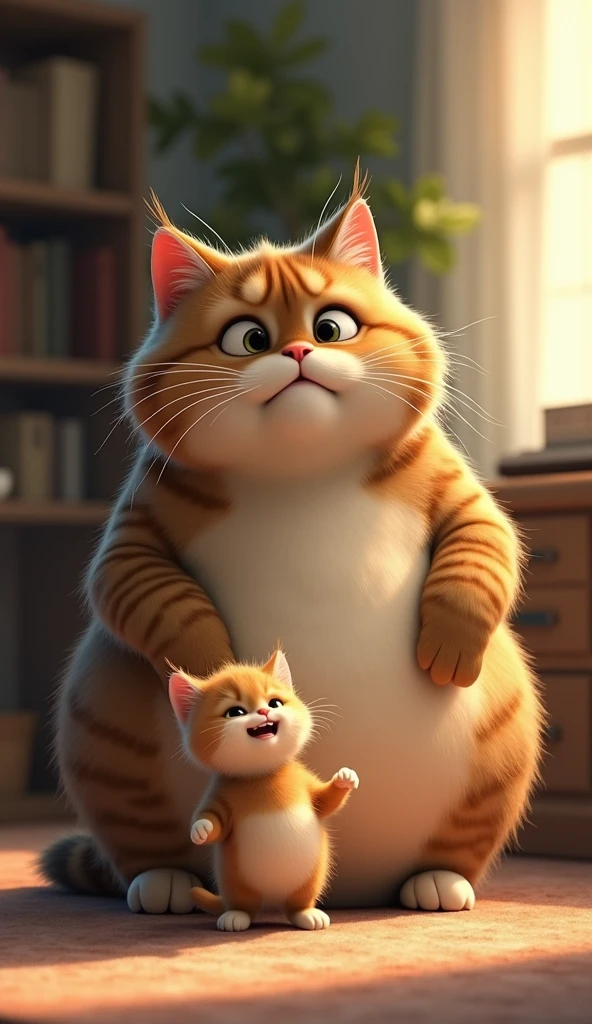 Fat cat is nervous about the parent meeting, but he feels relieved to see his kitten smiling proudly.