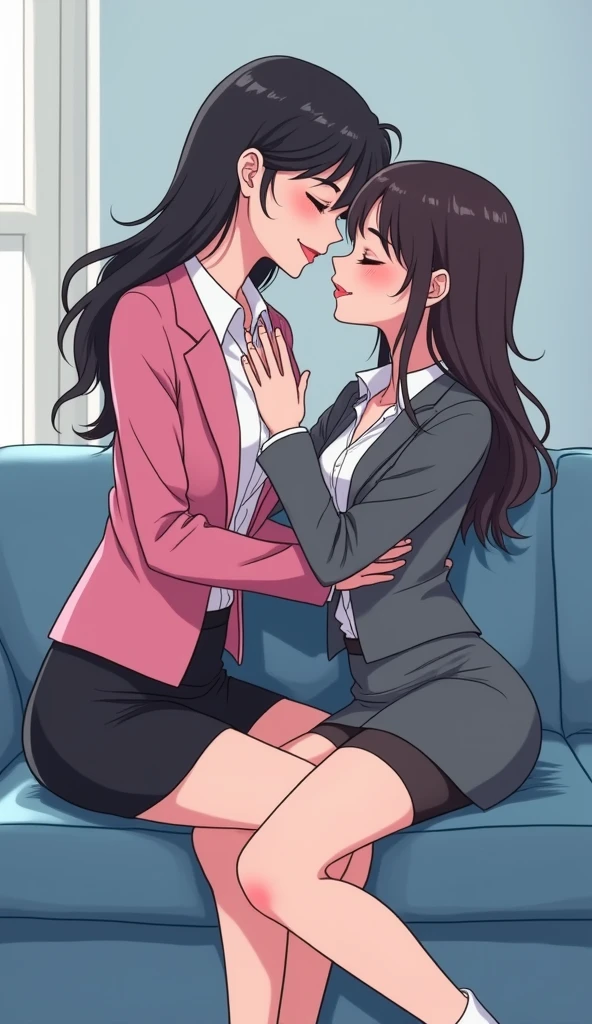 Two girls, long black hairs, yuri, lesbian.

The first girl wear a pink suit jacket, white shirt, black pencil skirt, black underpants, black tights, white socks.

The second girl wore a grey suit jacket, white shirt, black pencil skirt, black underpants, black tights, white socks.

french kiss, lesbian kiss, hugging, sensual body, sitting on the sofa, straddle, used one hand touch on the black underpants, reached finger into pussy, closed eyes, light blue living room, novel cartoon, 4K, HD