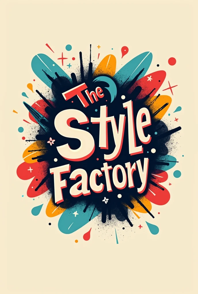 Logo for a barbershop with the name "Style Factory" that is creative and fresh for young people with abstract shapes and animated style That contains the word "Style Factory"