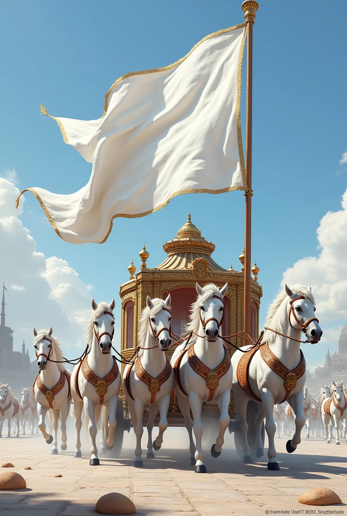Beautiful Chariot with white big flag carried by five big white horses