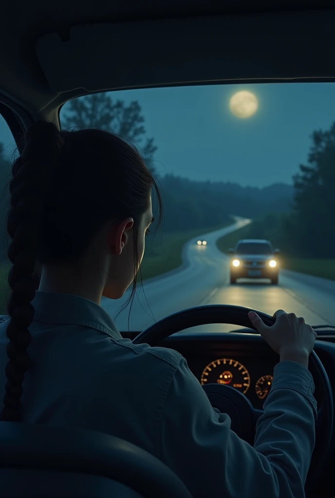 Girl driving a car at night 