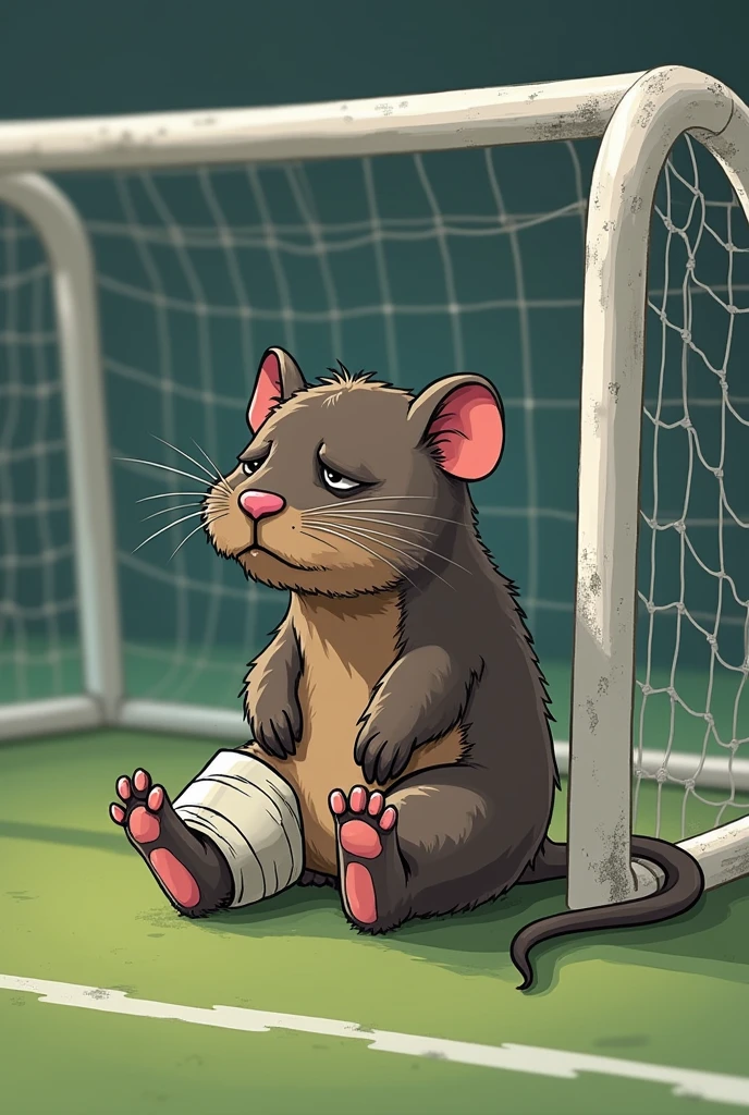 a very ugly mole (talpidae) with the lower foot broken and in a cast,very sad inside a futsal goal saying in cartoon (it's the lollipop bug)