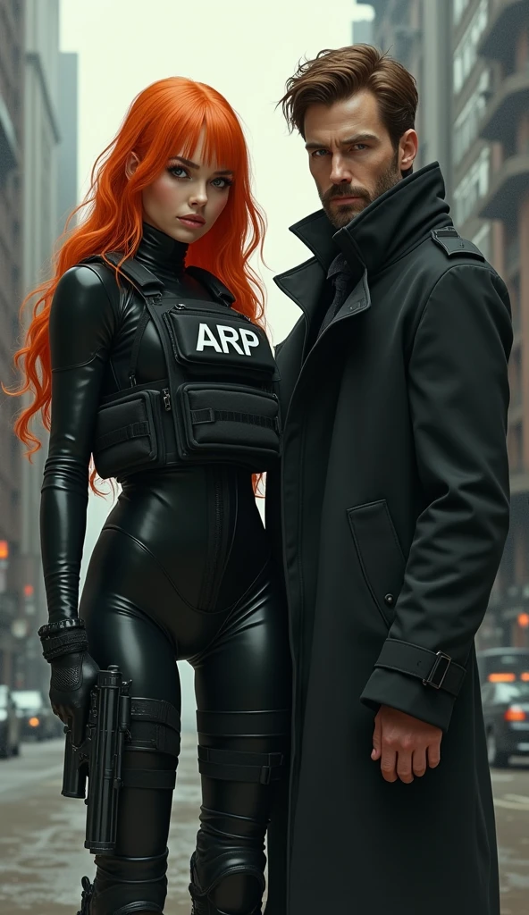 (work of art,Distinctive Quality,mirror-like,Cinematic experience,insanely detaileda,absurderes),8k,wall-paper,(best illustrations:2.0),(a one woman:2.0),(motoko kusanagi:2.0),(Ghost in the Shell style worldview:2.0),(Black tactical bodysuit:2.0),(Heavy black bulletproof vest:2.0),(written vest "ARP":1.8),tactical clothing,(black gloves:2.0),(long vibrant orange hair:2.0),(gorgeous eyes),(face detailed),(Detailed hand drawing feminina:2.0),(He is standing in an imposing posture and pointing a pistol at me with both hands..:2.0),(Drawing in monochrome:2.0),(sf:2.0),(A pistol with a laser pointer under the barrel:2.0),(Point your pistol's red laser pointer at me:2.0).
there is also a man,(a 2 English man:2.0),brown hair and thin beard,(Ghost in the Shell style worldview:2.0),(black tactical overcoat:2.0),(Heavy black bulletproof vest:2.0),(written vest "ARP":1.8),(black gloves:2.0),(thin, thin-faced boy:2.0),(gorgeous eyes),(face detailed),(Detailed hand drawing:2.0),(He is standing and fiddling with his cell phone..:2.0),(The background is Paris),(Drawing in monochrome:2.0),(noir:2.0),(kubrick stare:2.0),Both are side by side,